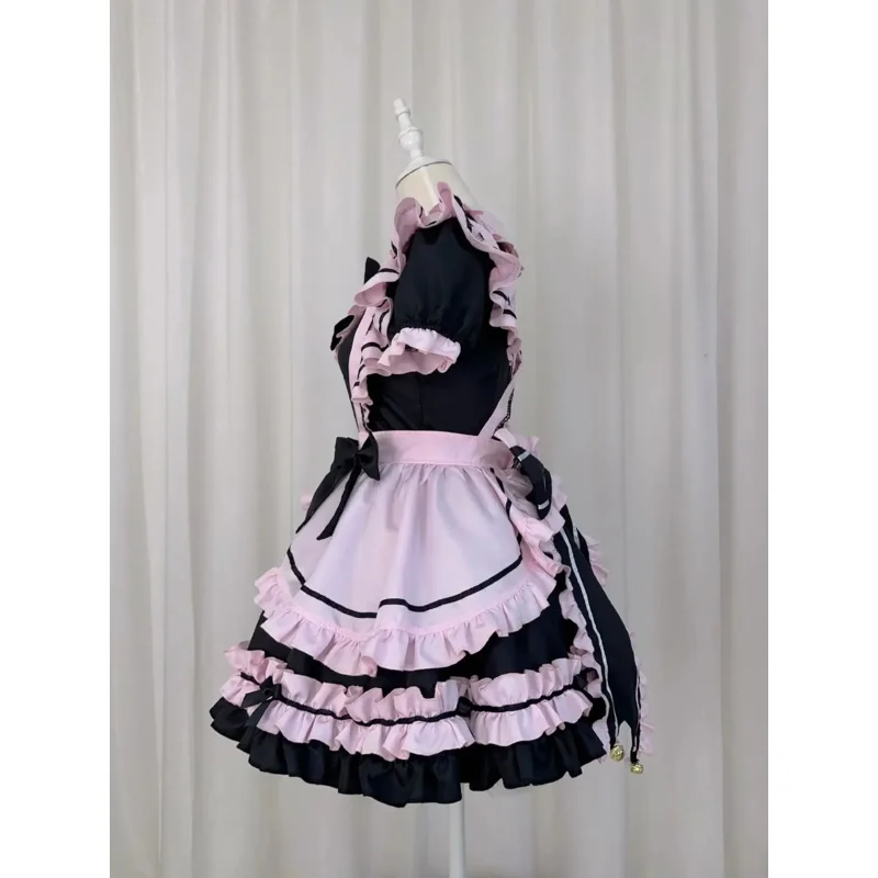 Vestido gótico de Anime Lolita JSK, vestidos de fiesta de sirvienta con lazo kawaii de manga corta, cosplay de gatos y niñas, Harajuku, bonitos volantes rosas, negro