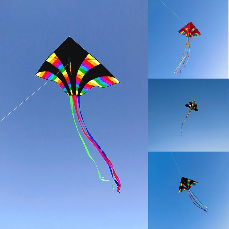 1 Piece New Outdoor Colorful Black Kite Fun Sports Multi Tailed Long Tail Triangle Rainbow Kite For Kids Beach Toys Good Flying