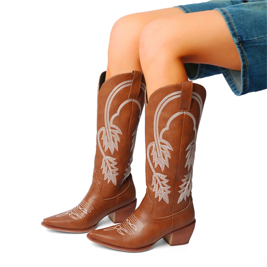 

Meotina/женские ковбойские сапоги до колена с острым носком, толстые высокие каблуки с вышивкой, сапоги в стиле вестерн, ковбойские сапоги Gogo, женская модная обувь 43