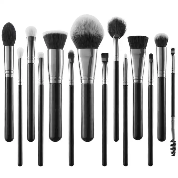 Custom 14 Pieces Synthetic Hair Wooden Handle Aluminum Ferrule Makeup Tools High Quality Makeup Brush Set