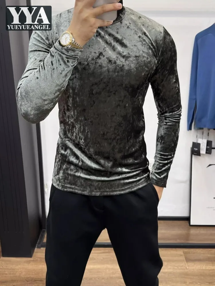 Mens T-Shirt Spring Autumn Long Sleeve Slim Fit Stand Collar Pullover Tees Tops Solid Color New Fashion Velvet T-Shirts Male