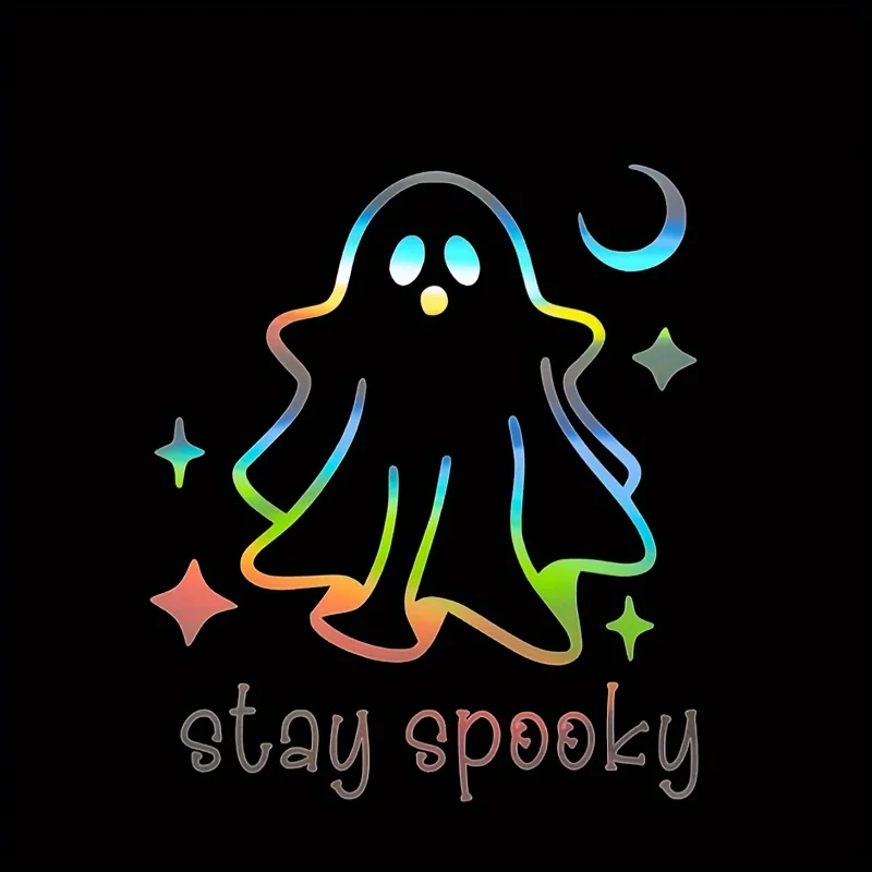 ملصق فينيل من Spooky Ghost: ملصق هالوين ذاتي اللصق، شبه غير لامع للسيارة والكمبيوتر المحمول وزجاجة مياه - استخدام فردي، شكل غير منتظم