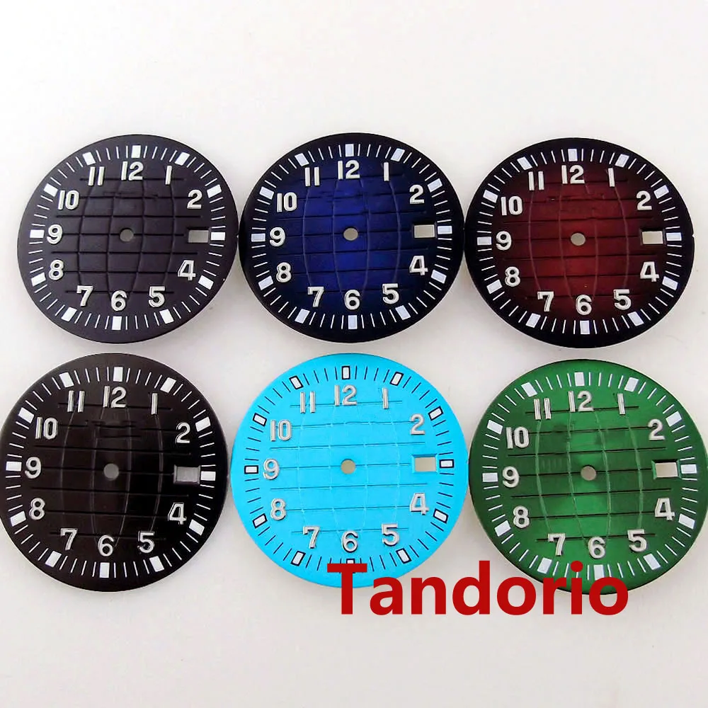 33mm Grid Dial Fit NH35 NH36 7s26 Movement Blue/Green/Black Red/ Black 12-Hour Watch Dial Green Luminous Index Date Windown