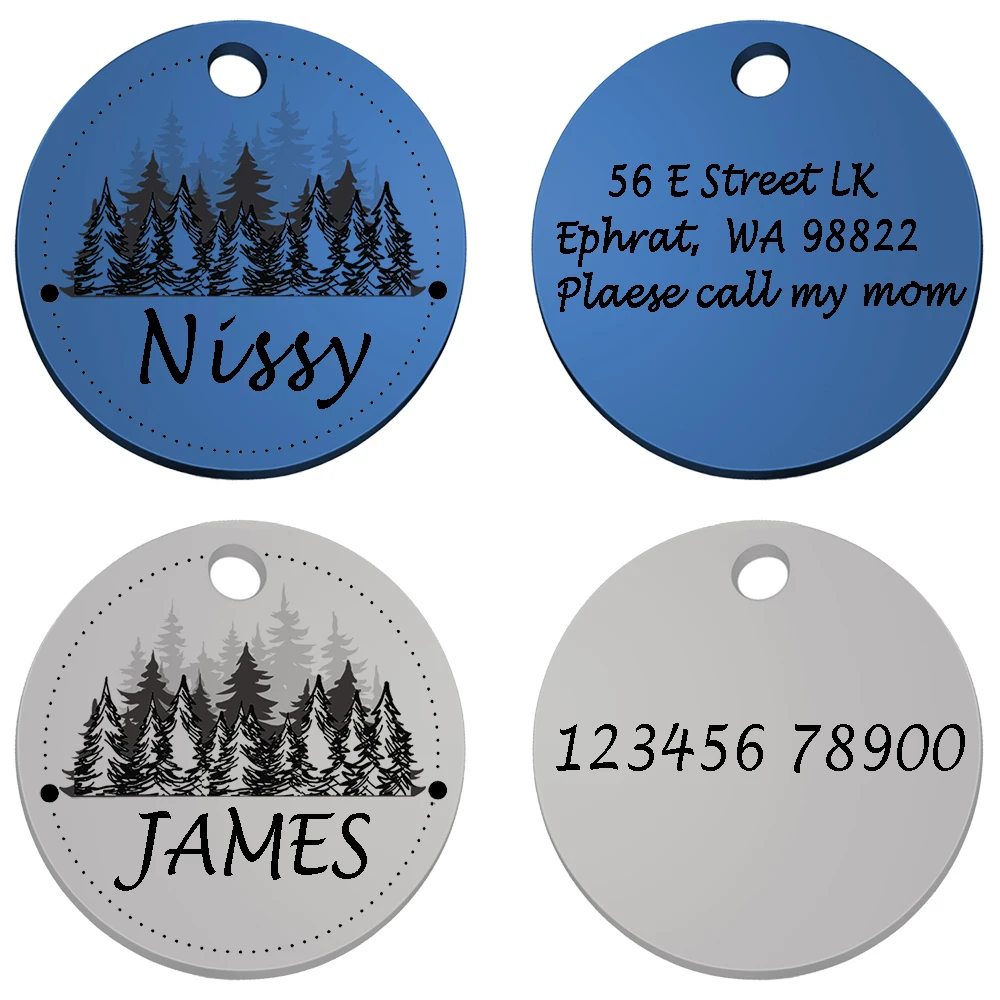 Circle Personalized Custom Dog ID Tag Collar Pattern Forest Cat Pendant Engraved Pet Necklace Chain Charm Supplies