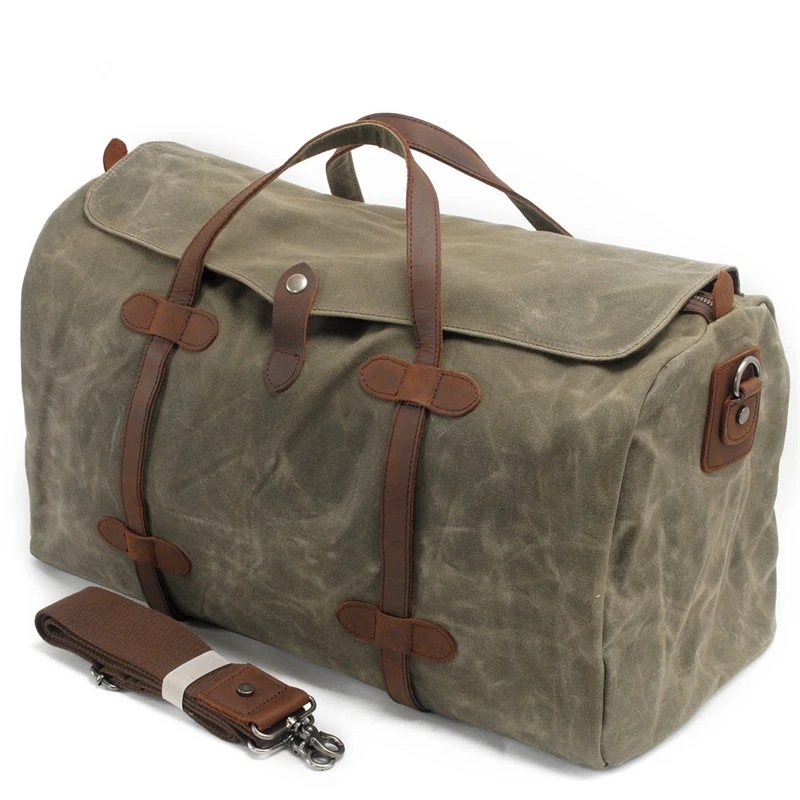 Nesitu Quality Big Large Vintage Khaki Grey Green Black Crazy Horse Leather Waxed Canvas Trip Women Men Travel Bag Duffle M2032