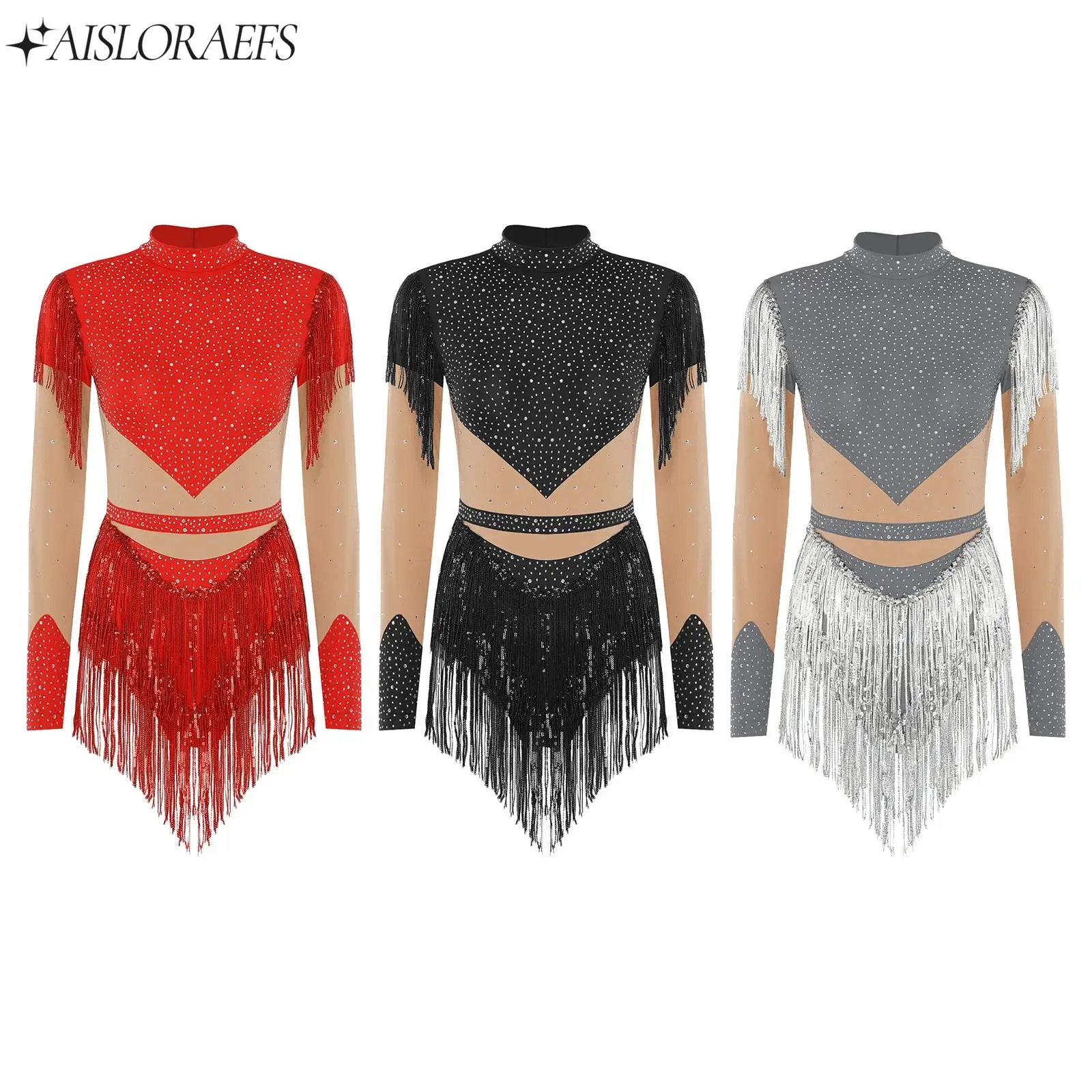 

Women Gymnastic Figure Ice Skating Rhinestone Bodysuit Sequin Tassel Long Sleeve Leotard Jumpsuit Latin Cha-cha Rumba Dancewear