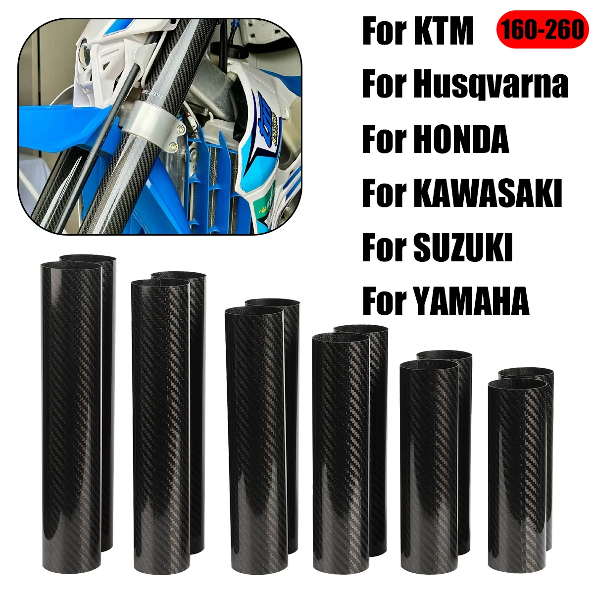 

Защитные накладки на переднюю вилку из карбона 160-260 мм для KTM, Honda, Yamaha, Kawasaki, Suzuki, CRF, YZF, EXC