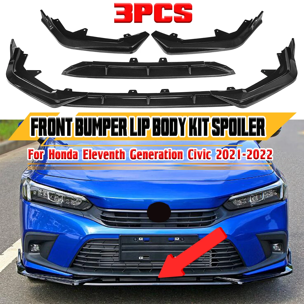 3pcs Car Front Bumper Splitter Lip Diffuser Body Kit Spoiler Protector Cover For Honda Eleventh Generation For Civic 2021-2022