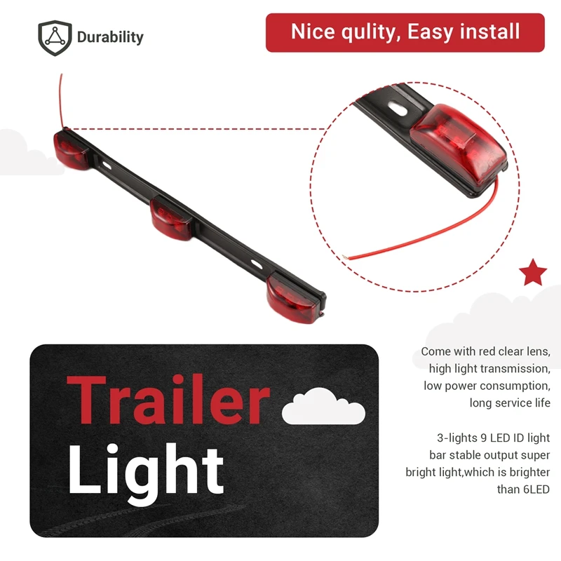 Trailer Tail Light Bar, 14.2 inch Red Clearance Identification ID Marker Light with Bracket for Pickup Truck Trailer RVA09G