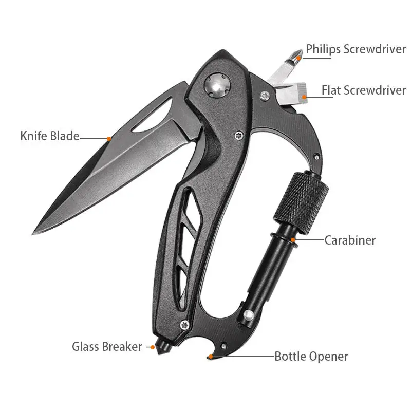 Outdoor Camping Multi-Functional Quick Release Carabiner Sturdy Durable Foldable Knife with Window Breaker Screwdriver