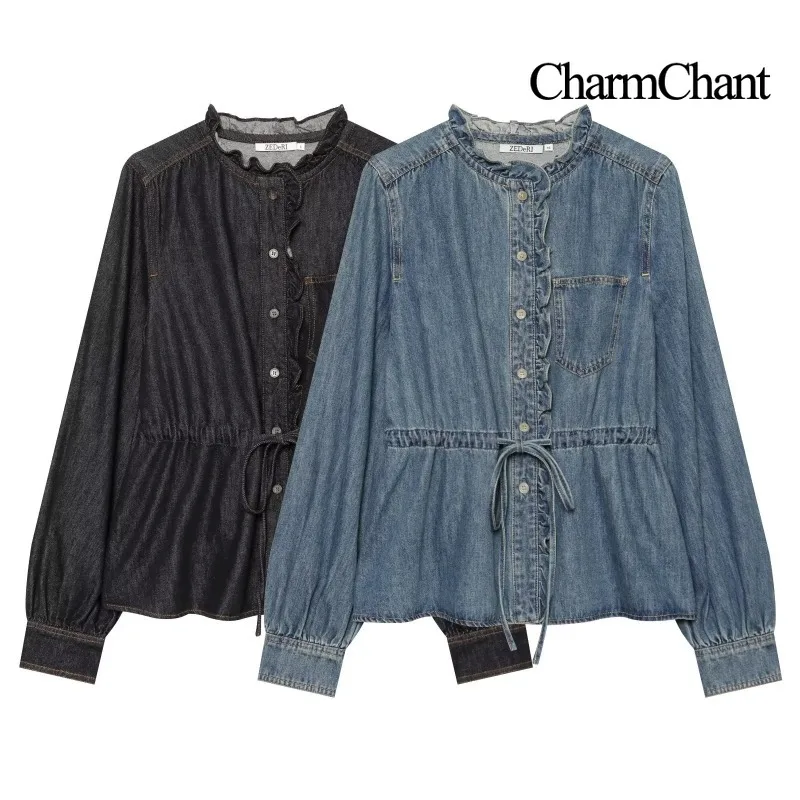CHARMCHANT Women's Ruffle Collar Denim Shirt Drawstring Waist Button Front Puff Long Sleeve Blouse Casual Street Autumn 2026