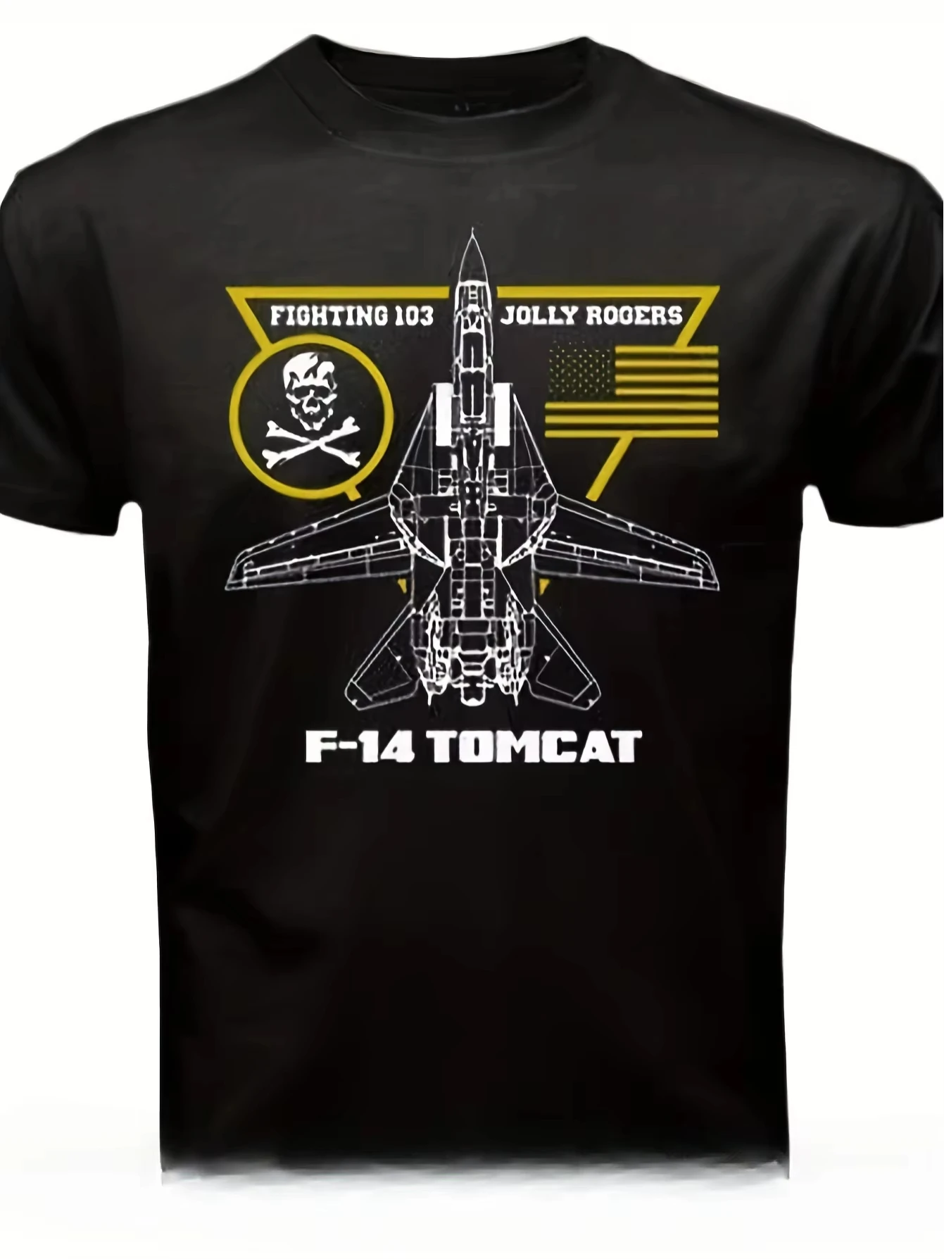 Camiseta de aviación para hombre F-14 Tomcat Fighting 103 Jolly Rogers Squadron, camiseta negra, azul marino, insignia naval dorada, avión de combate