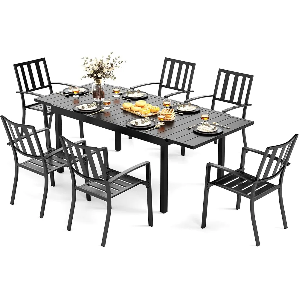 7 PCS Patio Metal Dining Sets,Outdoor Furniture Sets with 6 Steel Slat Stackable Chairs and 1 Rectangular Expandable Table for