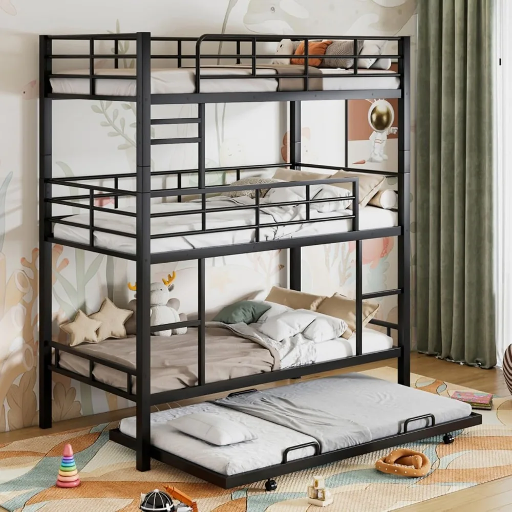 Litera triple resistente de tamaño doble con nido y escalera, barandillas protectoras para niños, adultos, adolescentes, dormitorio, no necesita somier,