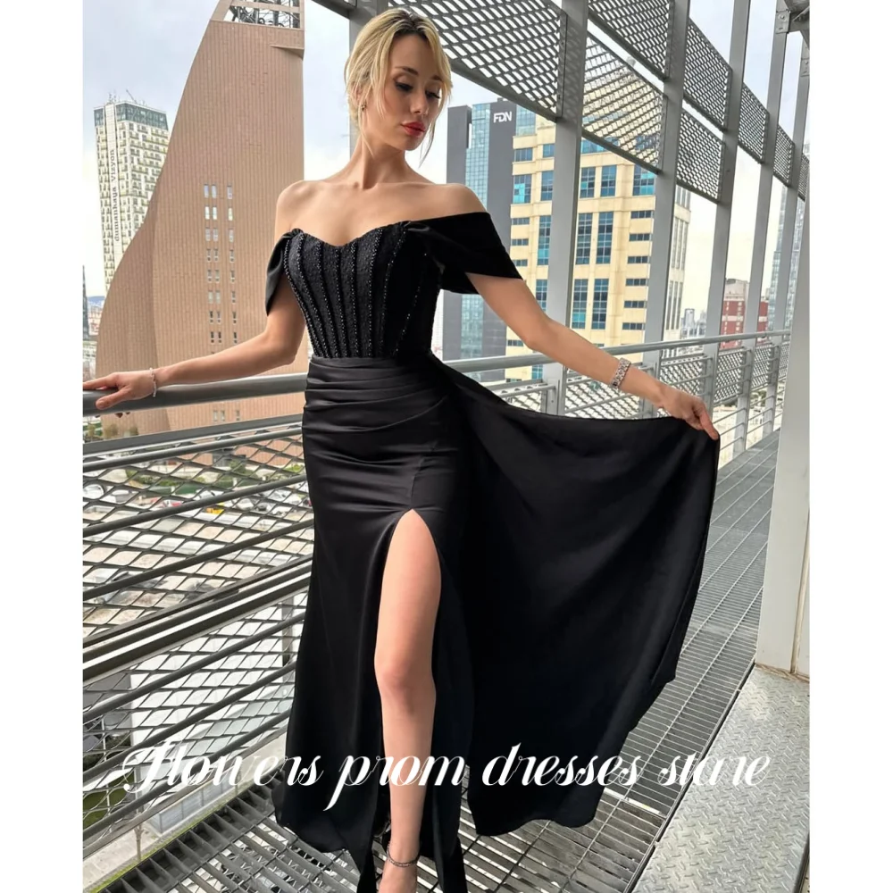 

Flowers Black Prom Dress Off Shoulder Party Dress Split Trumpet Evening Dress Pleats vestido fiesta فساتين مناسبة ر