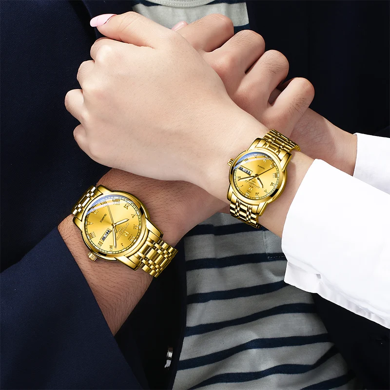 Luxury Gold Quartz Couple Watches for Men Women Stainless Steel Waterproof Luminous Week Date Lover\'s Watches Fashion Wristwatch