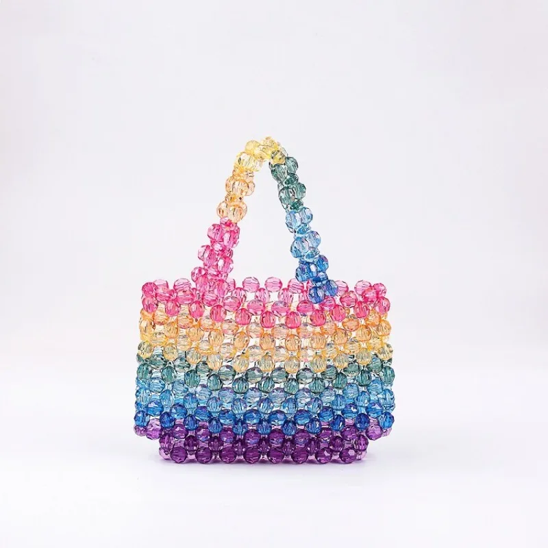 

Summer Fashion Rainbow Color Beaded Striped Handbag Hand-woven Candy Color Hollow Out Tote Party Evening Wedding Clutch Bag