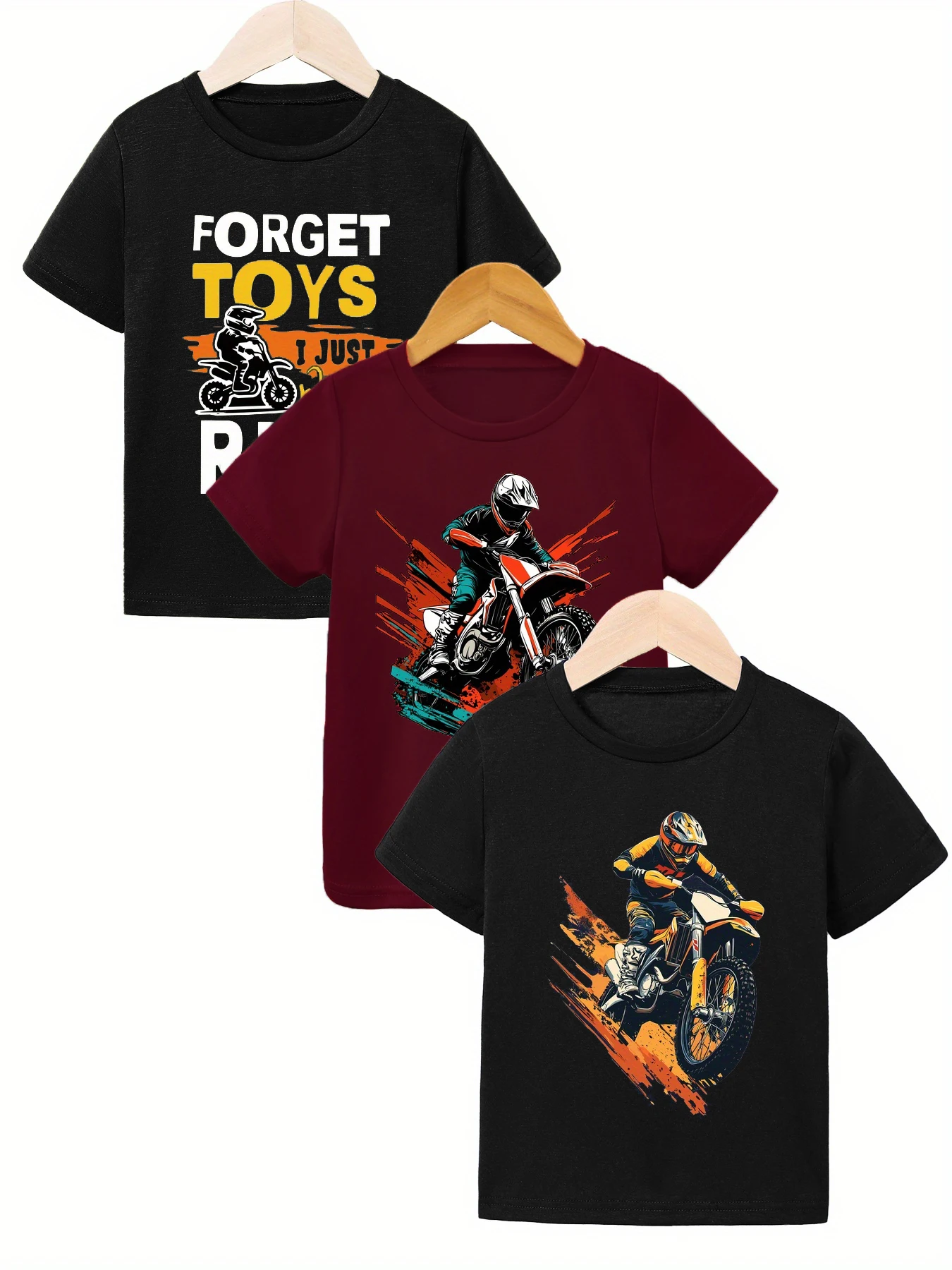 

3 шт.: Летняя повседневная футболка для мальчиков — мультяшный мальчик на мотоцикле с принтом