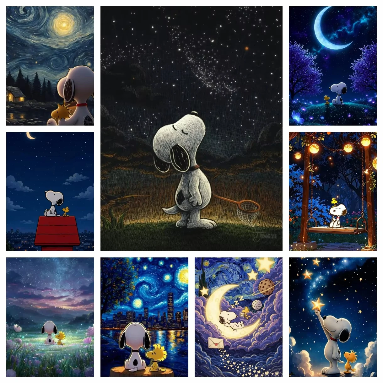 Oil Painting By Numbers Kawaii Starry Sky Snoopy Cartoon Art DIY Painting Wall Art Decor Gift for Snoopy Lovers