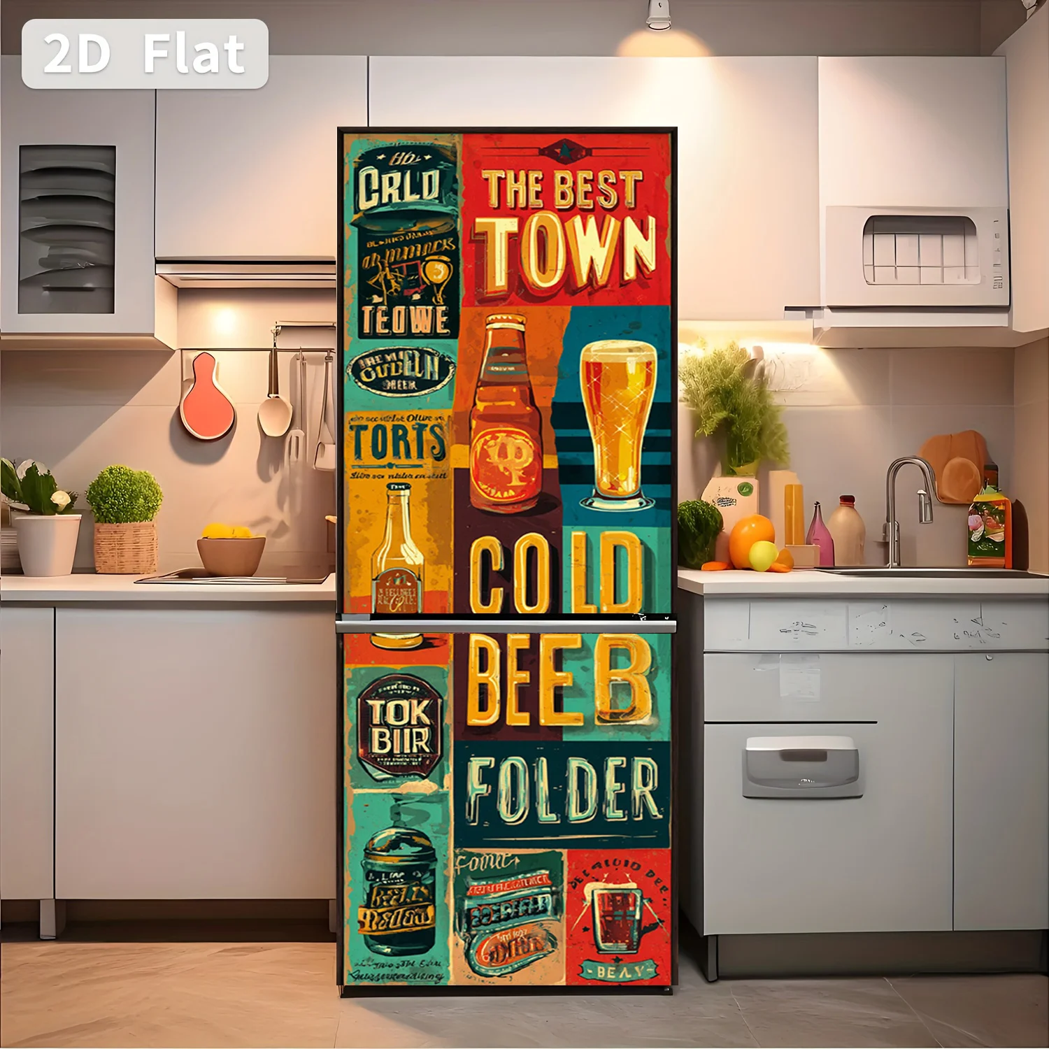 Refrigerator Sticker Chilled Beer Poster Themed Design Wall Decal Self-Adhesive Wallpaper Suitable for Cabinets and Wardrobes