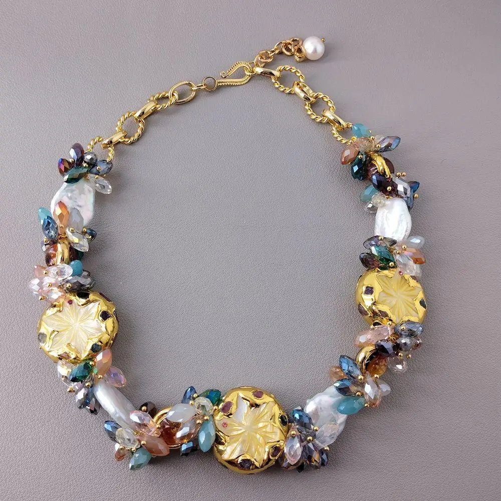 yygem  18x22mm Freshwater White Keshi Pearl 30mm Yellow Shell Flower Murano Glass Multi Color Crystal Statement Necklace - view 6