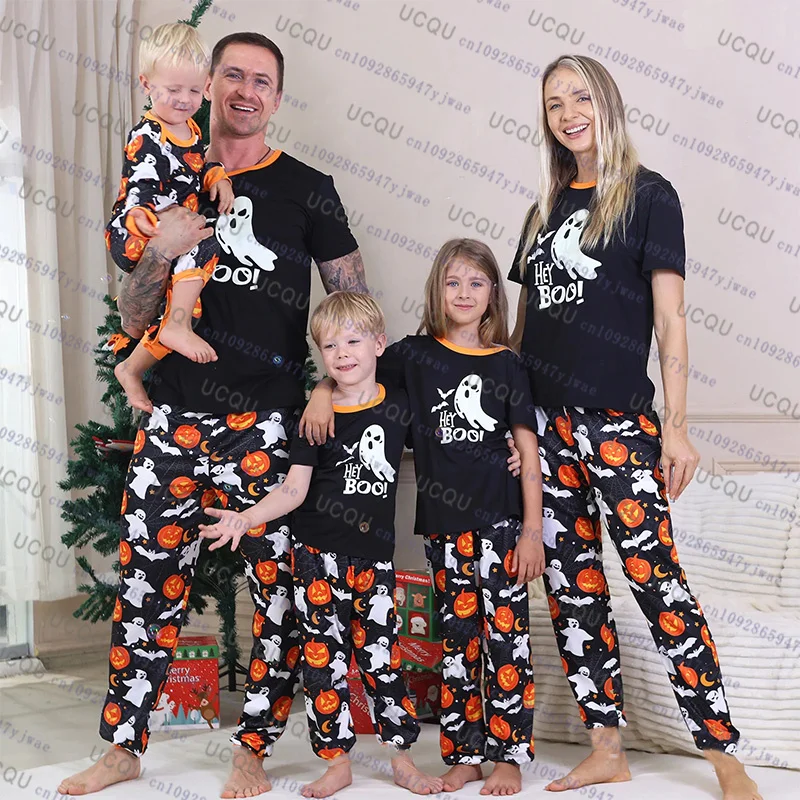 Happy Halloween Party Look Family Matching Outfits Short Sleeve O Neck T-shirt+Long Pants 2 Pieces Suit Adults Kids Pajamas Set