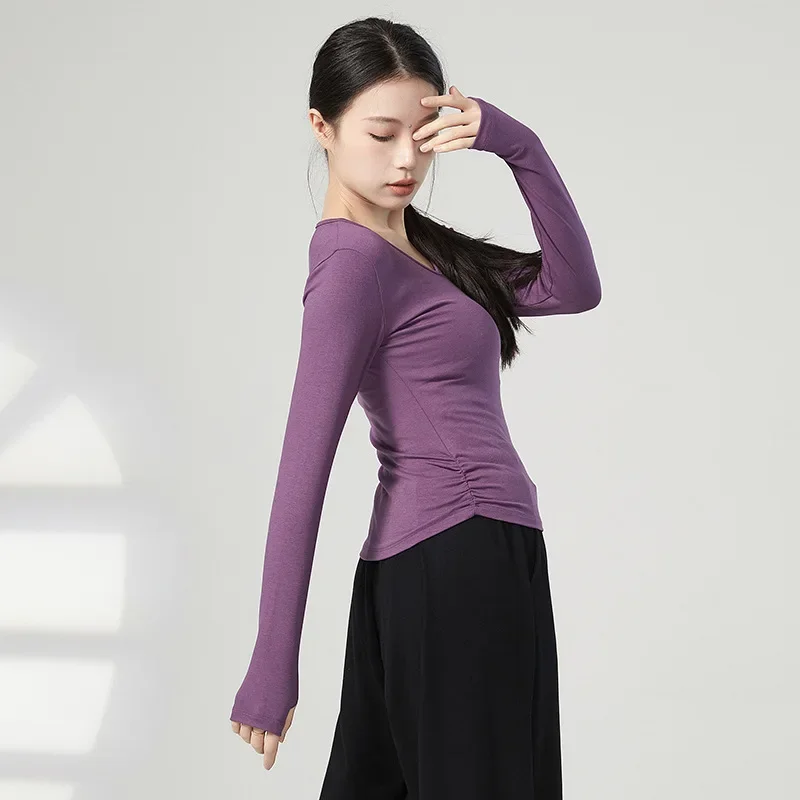 T Shirt Top Kostium dla kobiet Taniec Odzież Tancerka Odzież dla dorosłych Slim Fit V Neck Side Ruched Long Sleeve Belly Dance