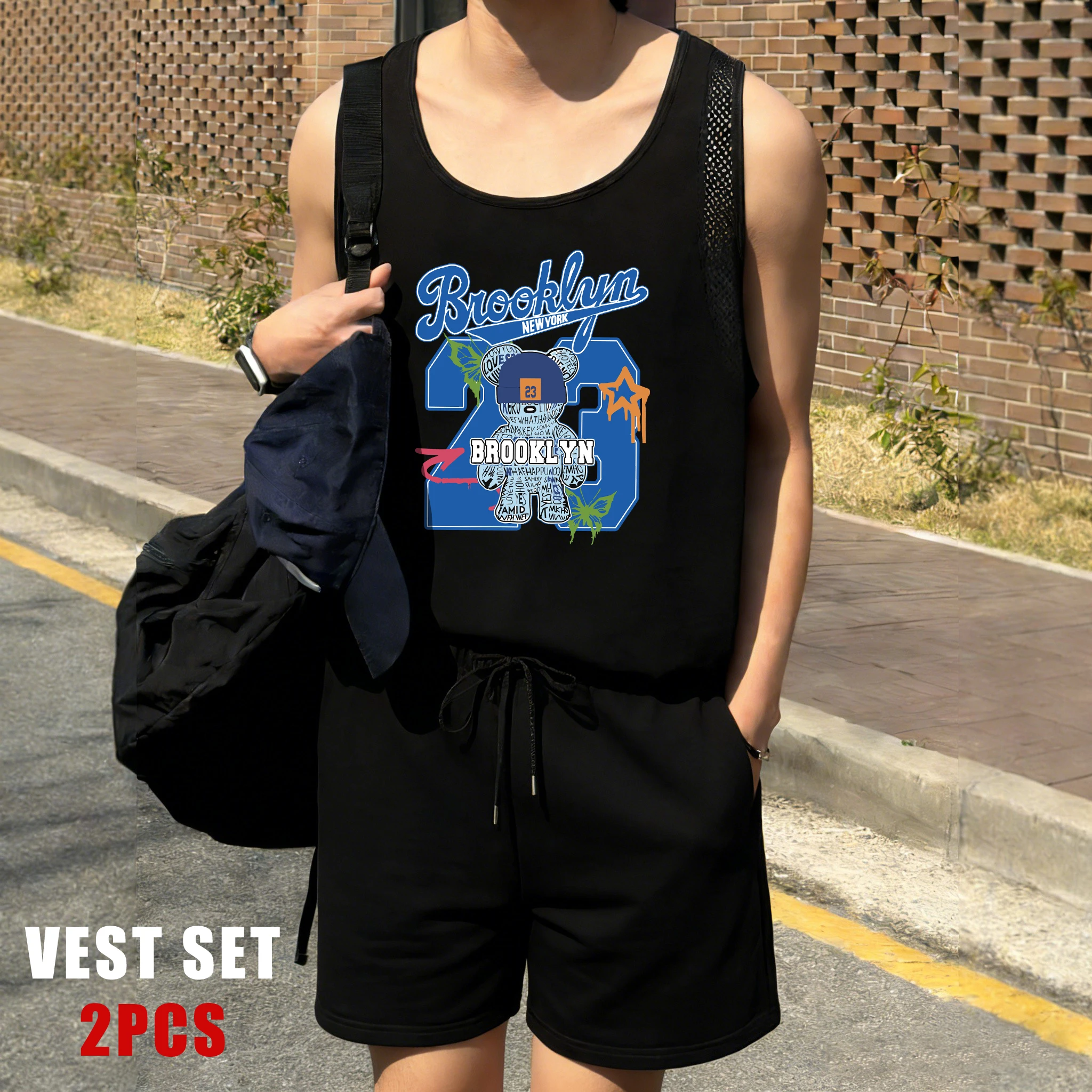 

Brooklyn Bear Number 23 Jersey Printed Men Reticular Vest Set Summer Soft Shorts Fashion Basics Vests Unisex Breathable Clothes