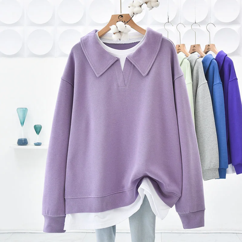 

plus Size Women's Ne Sweatirt Spring Autumn Medium Length Loose Fit Two-Piece Splicing Trendy Casual Comfortable Top