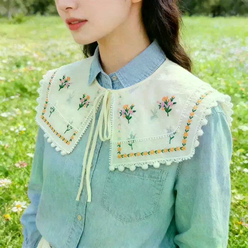 

Вышитый цветочный воротник-накладка в деревенском стиле, кружевная блузка с вышивкой, двойной слой