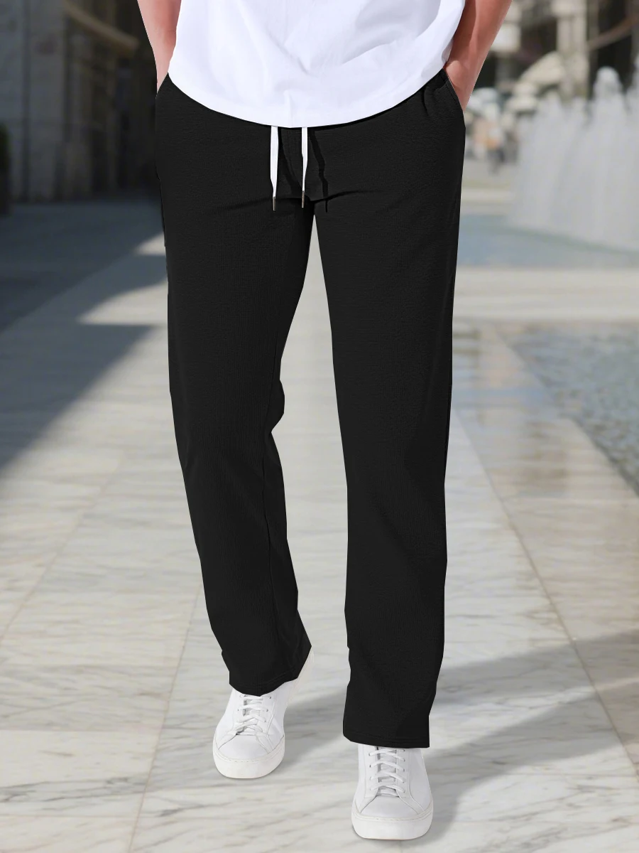 

Men's Waffle solid-color lace-up sport pants, simple pants, men's pants, casual pants