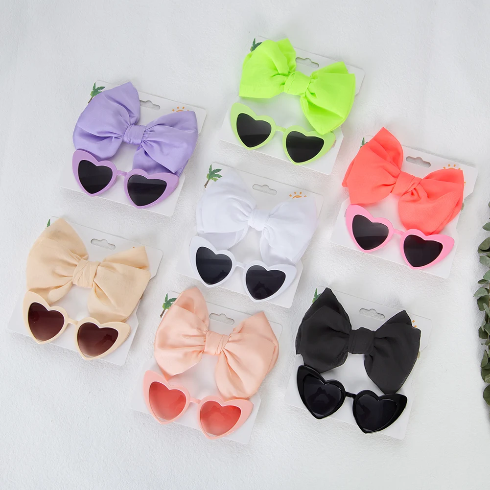 

2Pcs/Set Heart Shape Baby Sunglasses with Silk Satin Hair Bow Headbands Fashion Party Gift Headwear Kids Boutique Headdress