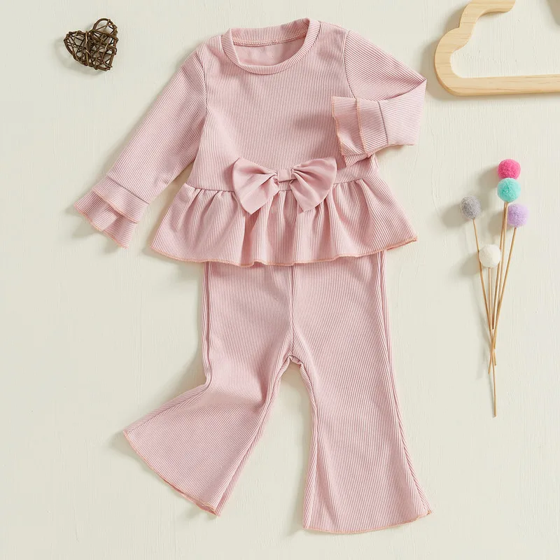 

6 Months to 3 Years Baby Girls Pant Sets Spring Autumn Clothes Long Sleeve Bow T-shirt with Elastic Waist Flare Pants