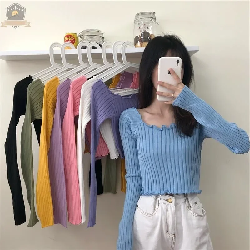 Women\'s Sweater Autumn Winter Fashion Sexy Navel Bare Cropped Tops Chic Wave Edge Casual Lady Knitted Pullover Short Sweaters