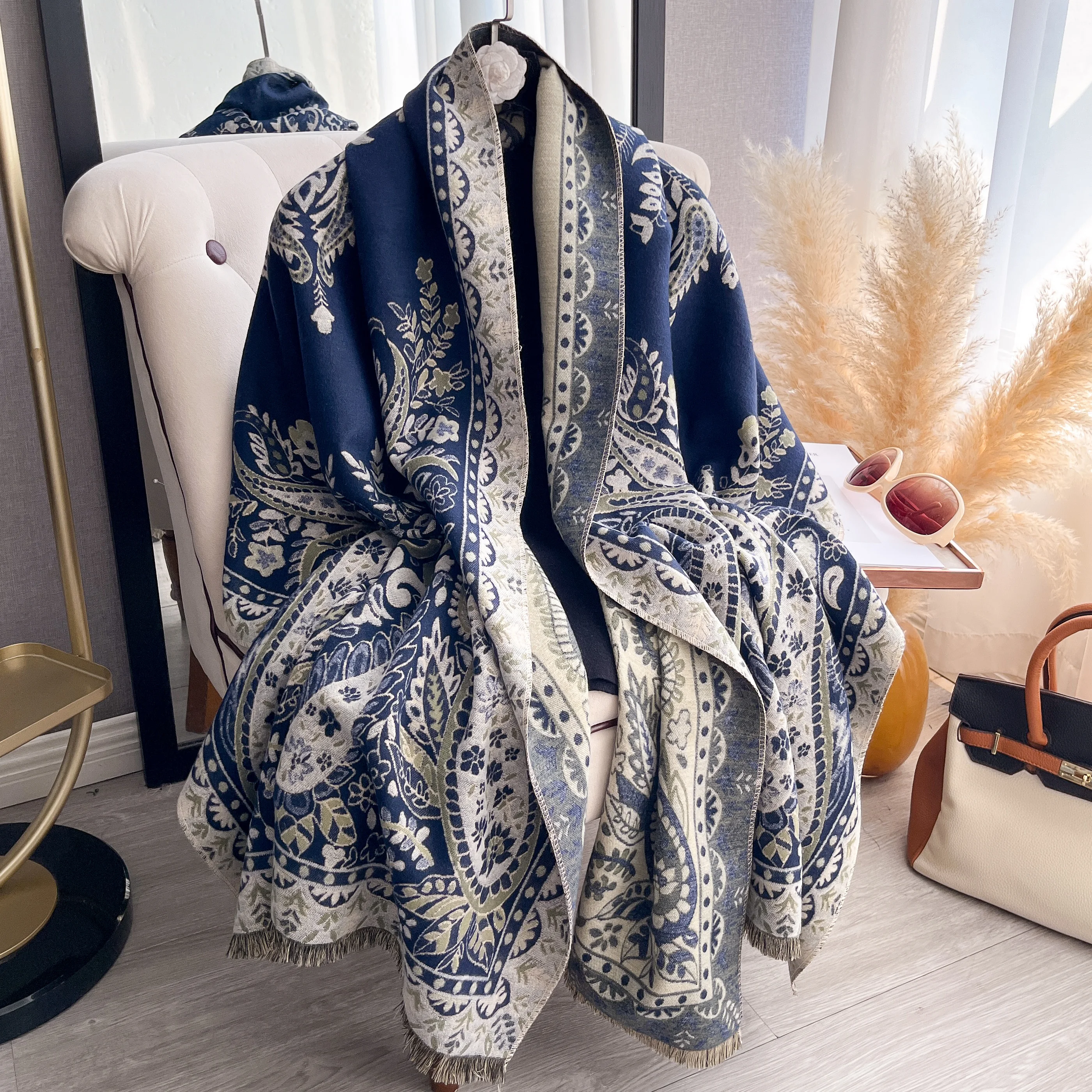 

2025 New Women Imitation Cashmere Two Sided Print Scarf Soft Warm Pashmina Shawl Autumn Winter Coldproof Windproof Blanket