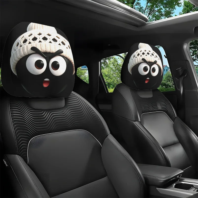 1/2Pcs Car Headrest Covers, Cartoon Black Character With White Knit Hat Print, Car Interior Decoration