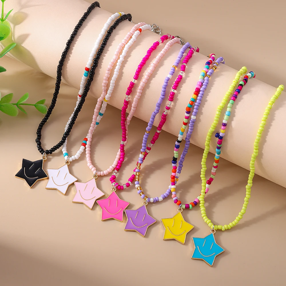 

Aihua 7pcs/set Cute Bohemia Smile Face Star Necklaces for Women BFF Best Friends Kids Smile Pendant Necklace Birthday Gifts
