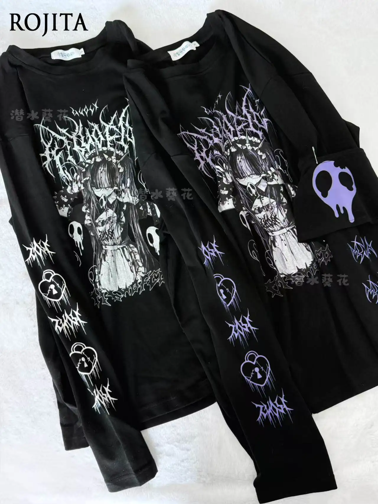 Cute Japanese Subculture Two-dimensional Long-sleeved Original T-shirt 2026 Spring New Round Neck Black Graphic T-shirts