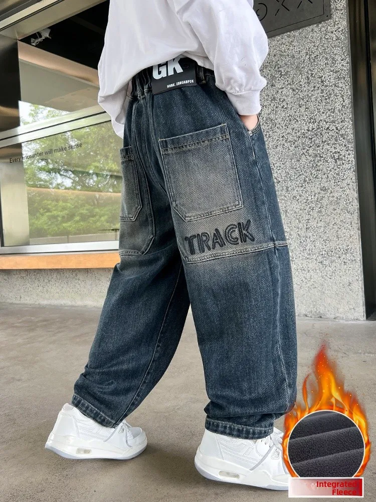 Thickened Fleece Boys Jeans High Waist Wide Leg Pants Winter Warm Trousers for Kids 7-14 Years Old  Integrated Design