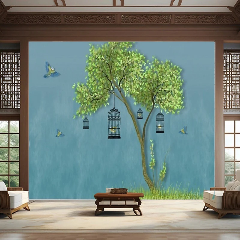 Retro Chinese-Style Beautiful Flower-And-Bird Landscape Painting Of Large Trees Executed In Meticulous Brushwork For Wall Decora
