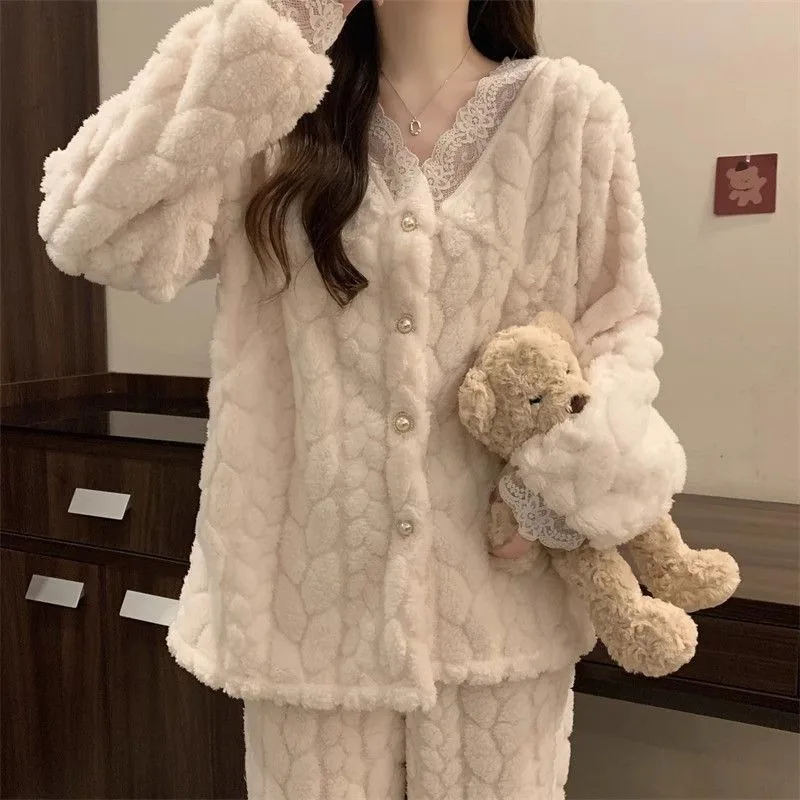 Autumn and winter small fragrant coral velvet pajamas women\'s V-neck lace flannel and velvet thickened plus-size home wear