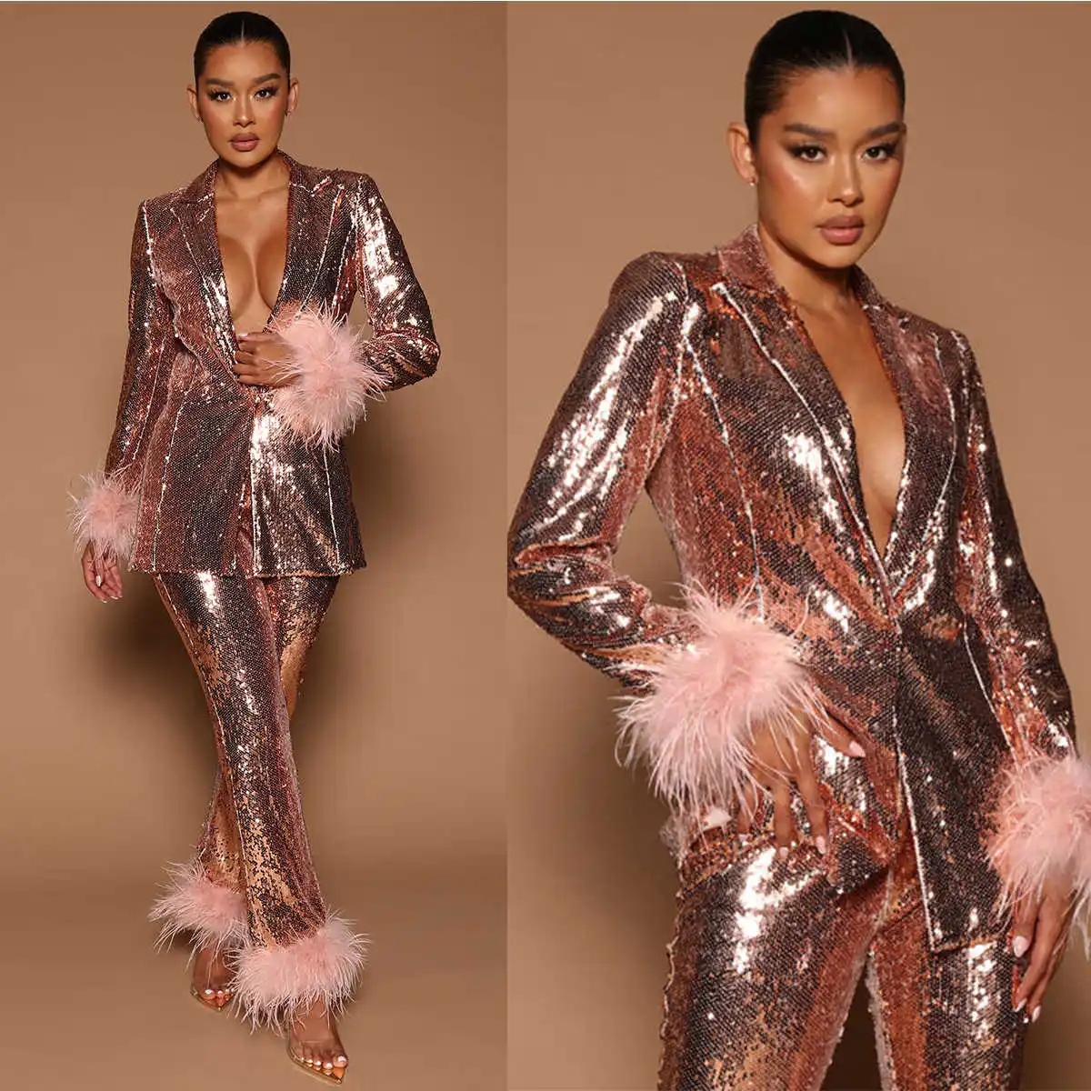 Fashion Sequined Women Pants Suits Elegant Pink Feather V Neck Blazer And  Wide Leg 2 Pieces Sets