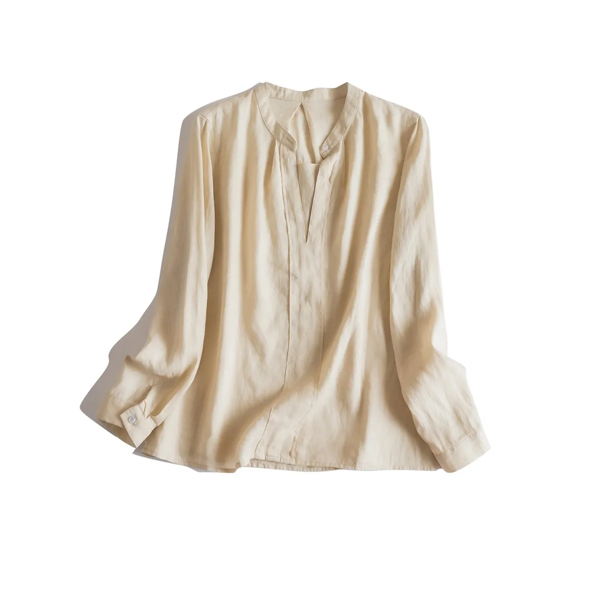 

Dave&di Light And Thin Linen Shirt With Soft Luster Simple Artistic Commuting Stand Collar Long Sleeved Casual Loose Clothing