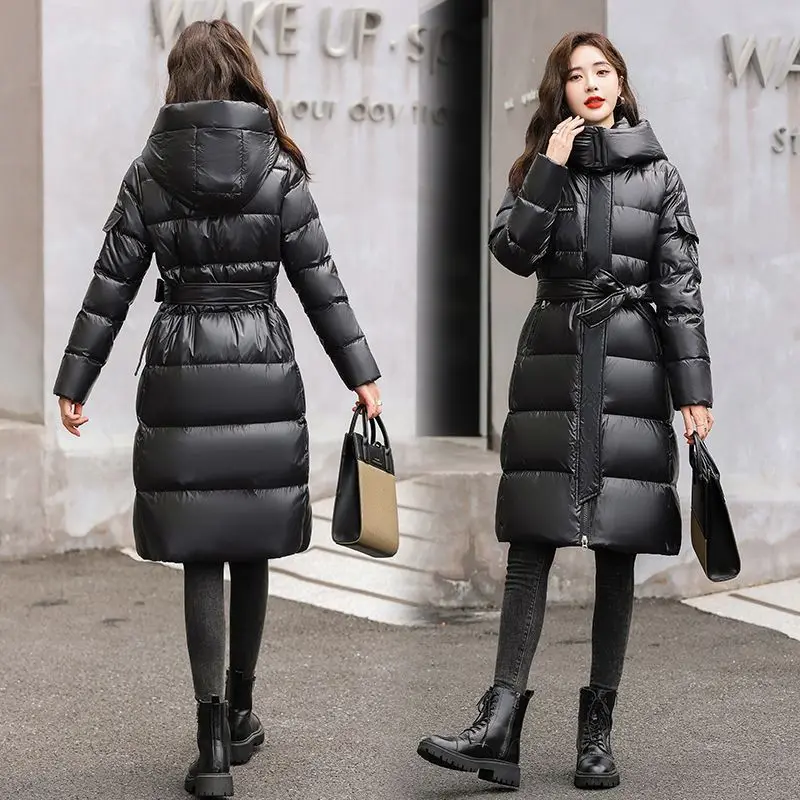 2024 Winter Coat For Women\'s Down Cotton Long Padding Jackets Woman Clothing Wear Belt Korean Print Parkas Snow Fashion Outwear