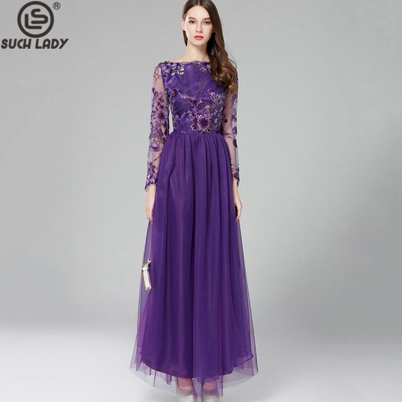 

Women's Evening Gown O Neck Long Sleeves Embroidery Beaded Layered Mesh Elegant Fashion Party Dress Vestidos