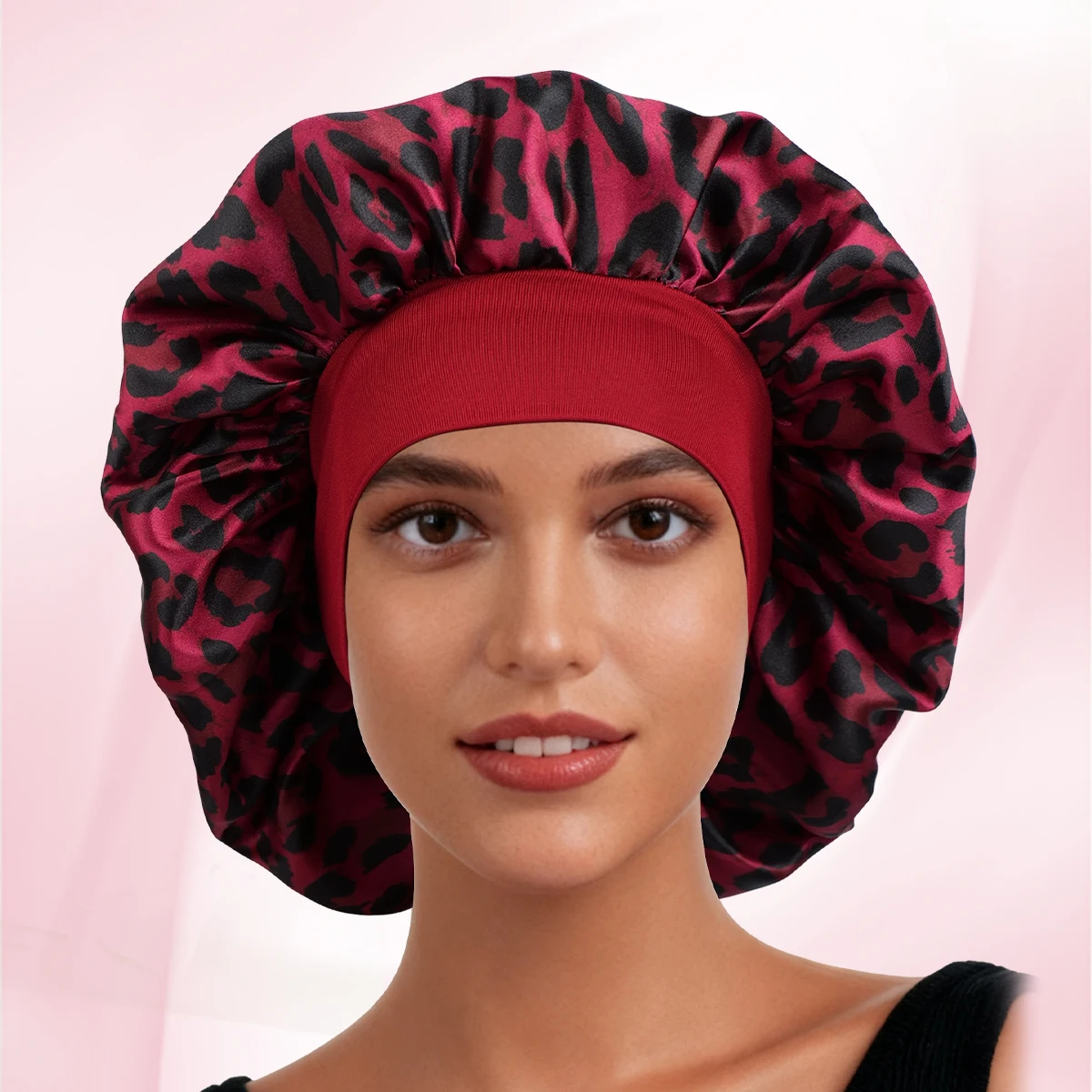 Satin Sleeping Cap for Women, Wide Elastic Band Bonnet with Beautiful Leopard Print, Soft & Breathable, Ideal for Curly Hair