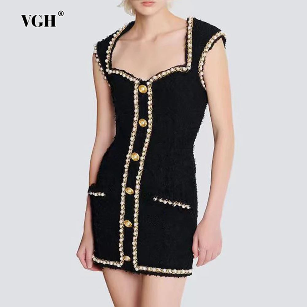 

VGH Temperament Slimming Mini Dresses For Women Square Collar Sleeveless High Waist Spliced Pocket Sexy Dress Female Fashion New