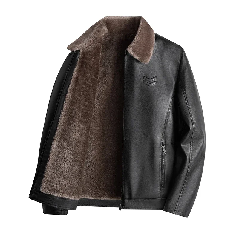 Men's Vintage Leather Jacket Winter Lined Lambskin Fur Collar Motorcycle Windproof Jacket Business Casual Warm PU Leather Jacket