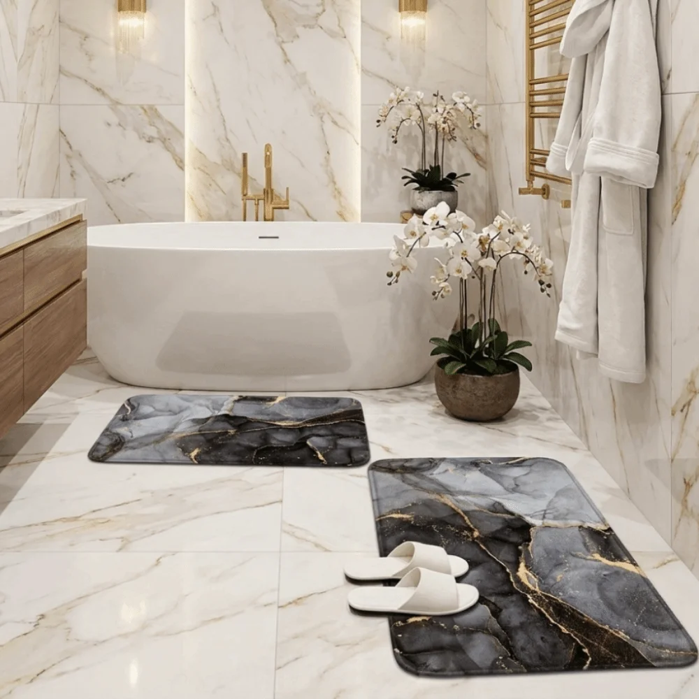 3PCS/SET Decorative Marble Pattern Bath Mat Set Soft Quick-Dry Non-Slip Rug Thick Super Absorbent Bathroom Mat Home Floor
