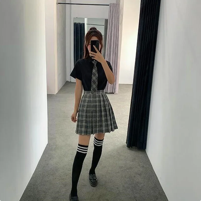 School Dresses For Girls Black Shirt With Tie Short-sleeved Navy Sailor Suit Large-size S-3XL Anime Form High School JK Uniforms